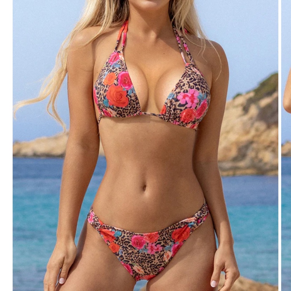 Leopard And Floral Print Double Straps Halter Neck Bikini Set NWT